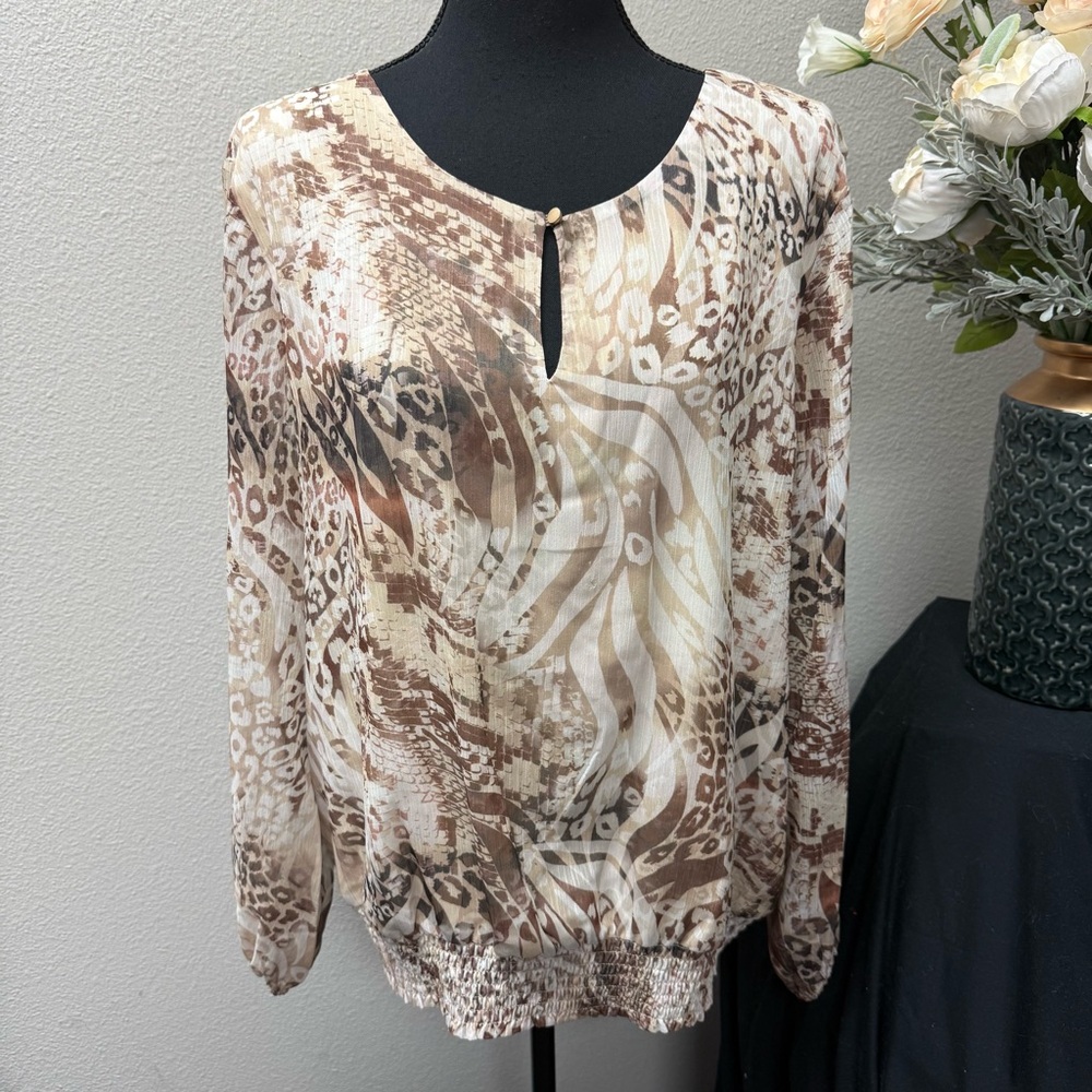 Alfred Dunner Animal Print Smocked Hem Blouse Long Sleeve Neutral L